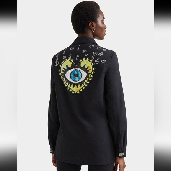 Desigual Black Embellished Black Jacket. Print, Beads, Sequins, Embroidery. M. - Picture 2 of 16